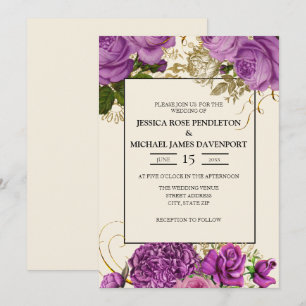 Invitación de boda elegante de flores púrpura dora