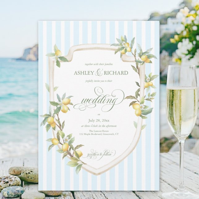 Invitación de boda elegante de limón mediterráneo (Mediterranean citrus lemon pale blue white coastal stripe wedding invitation with calligraphy script)