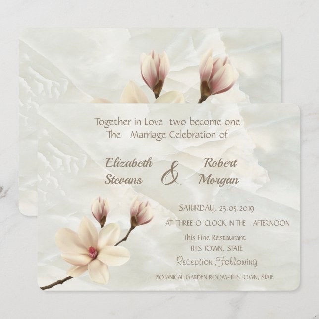 Invitación de boda elegante de magnolia de mármol (Anverso / Reverso)