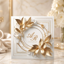 Invitación de boda elegante de marfil y oro
