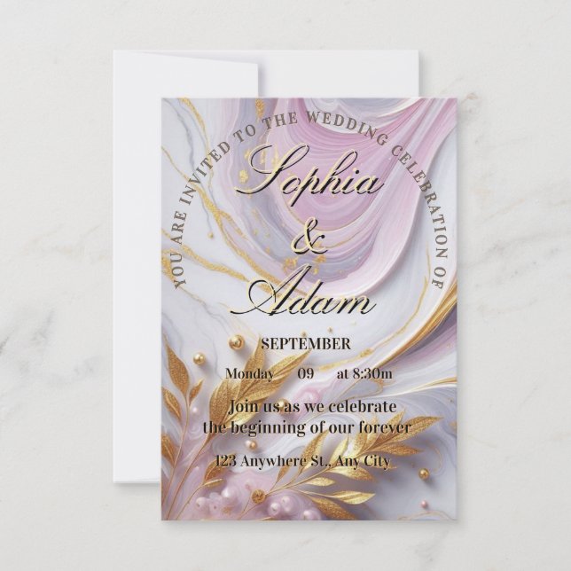 Invitación de Boda Elegante de Mármol y Oro (Anverso)