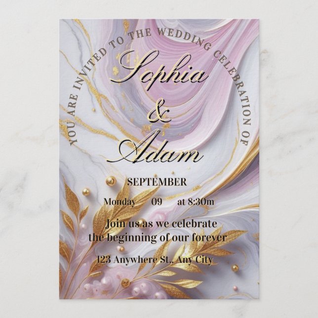 Invitación de boda elegante de mármol y oro (Anverso)
