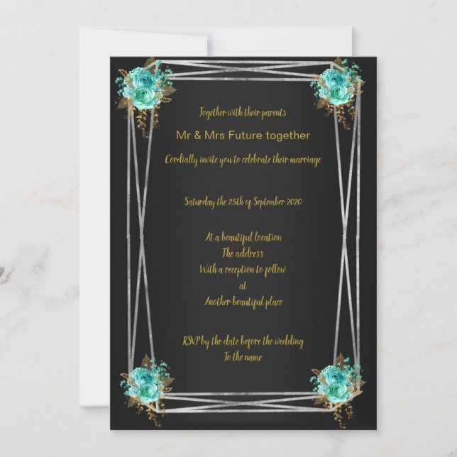 INVITACIÓN DE BODA ELEGANTE DE ORO DE AQUA NEGRO (Anverso)
