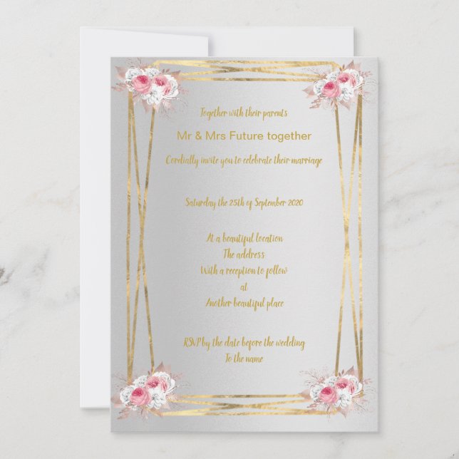 INVITACIÓN DE BODA ELEGANTE DE ORO DE PLATA ROSA (Anverso)