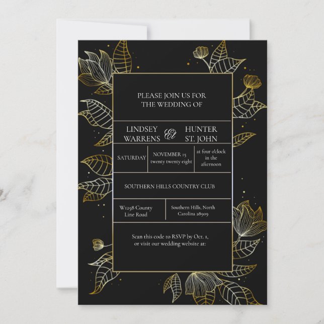 Invitación de boda elegante de oro negro (Anverso)
