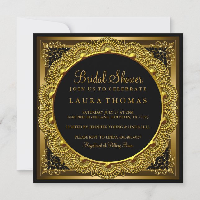 Invitación de boda elegante de oro y negro con doi (Anverso)