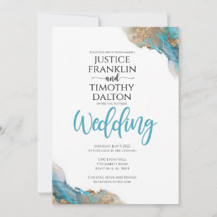 Invitación de boda elegante de oro y turquesa