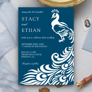 Invitación de boda elegante de pavo real azul y bl