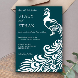 Invitación de boda elegante de pavo real en azul t