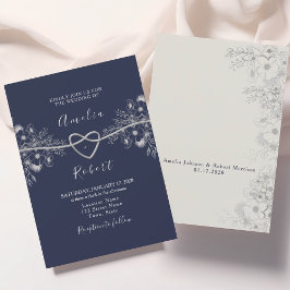 Invitación de boda elegante de plata y azul marino