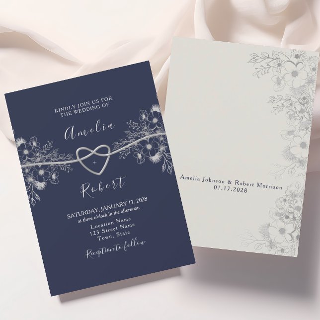 Invitación de boda elegante de plata y azul marino (Subido por el creador)
