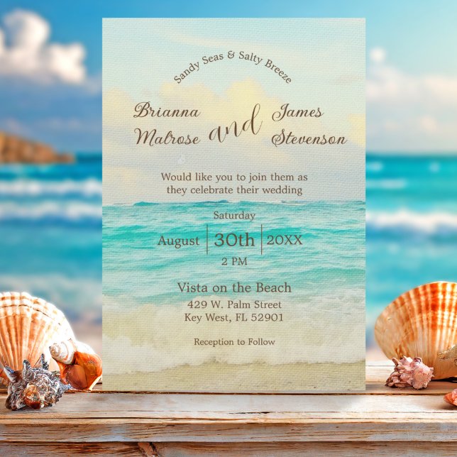 Invitación de boda elegante de playa (Coastal Beach wedding invitation featuring waves crashing onto the shore and elegant typography )