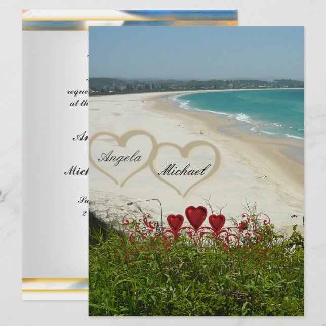 Invitación de boda elegante de playa Corazones roj (Anverso / Reverso)