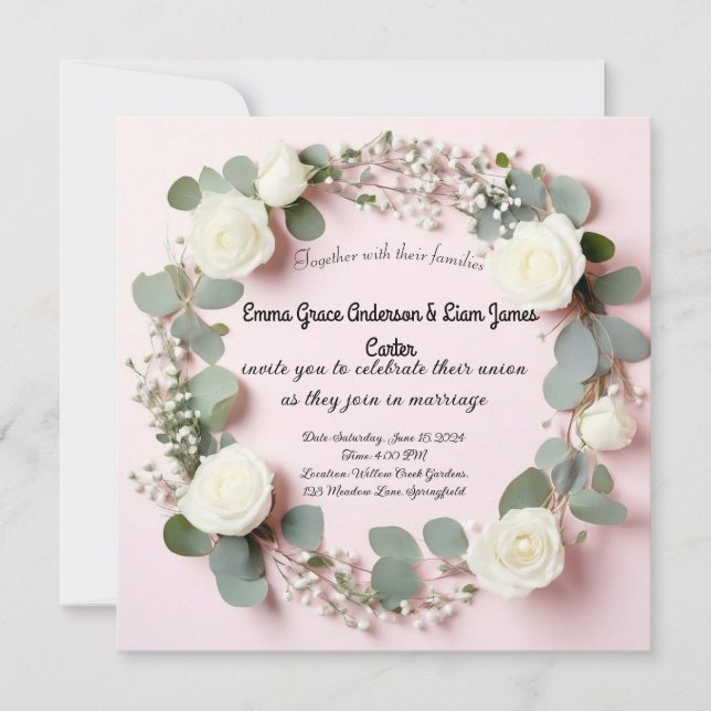 Invitación de boda elegante de rosa blanca y eucal (Anverso)