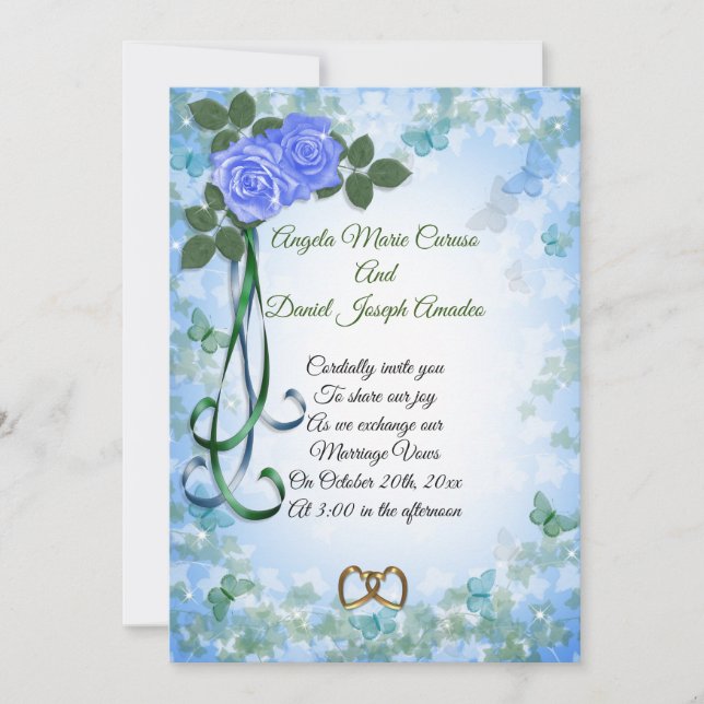 Invitación de boda elegante de rosas azules en pri (Anverso)
