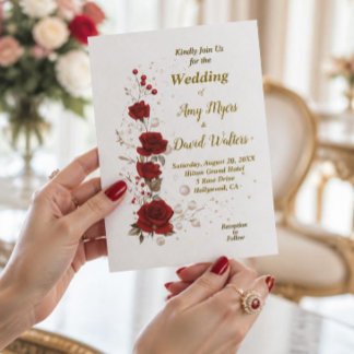 Invitación de boda elegante de rosas rojas y blanc