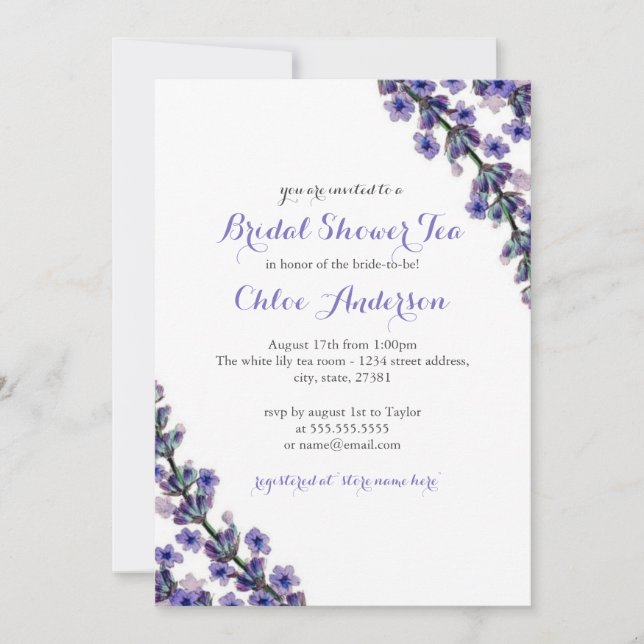 Invitación de boda elegante de taza de té de lavan (Anverso)