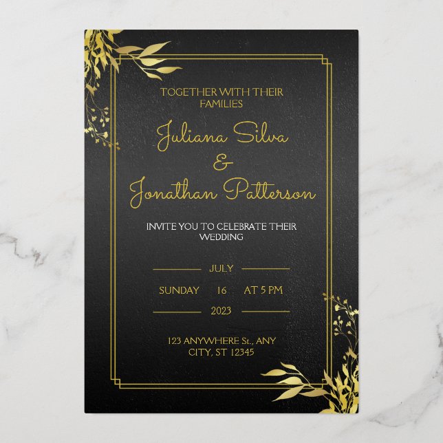 Invitación de boda elegante dorada y negra retrato (Anverso)