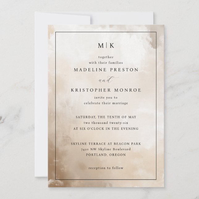 Invitación de boda elegante en acuarela beige (Anverso)