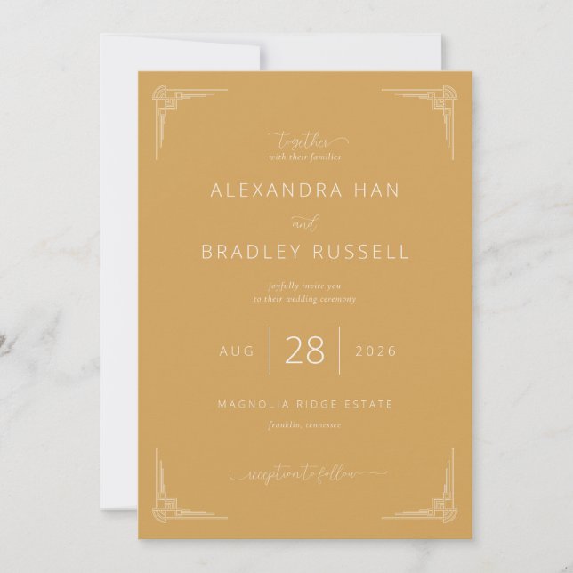 Invitación de boda elegante en amarillo mostaza (Anverso)