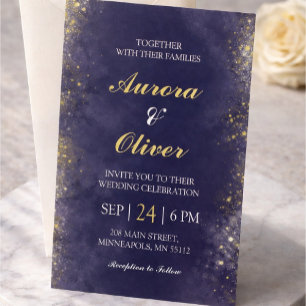 Invitación de boda elegante en azul marino y dorad