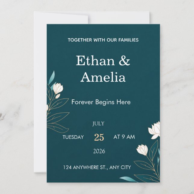 Invitación de boda elegante en azul verde (Anverso)