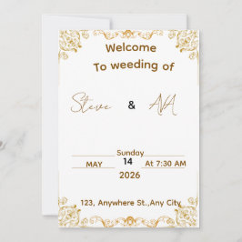 Invitación de boda elegante en blanco y dorado
