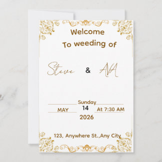 Invitación de boda elegante en blanco y dorado