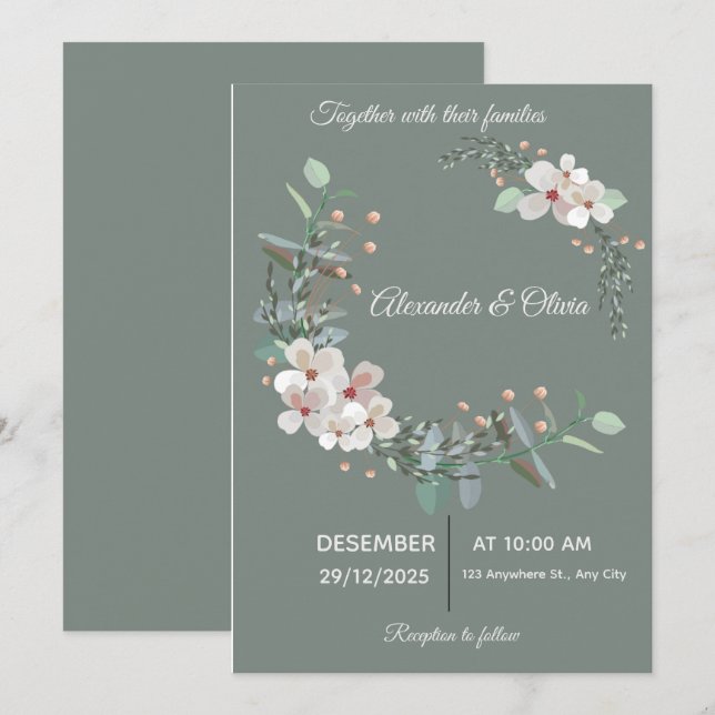 Invitación de boda elegante en blanco y verde (Anverso / Reverso)