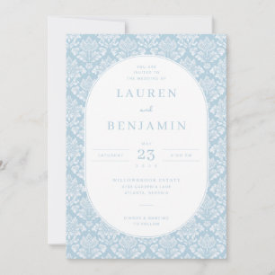 Invitación de boda elegante en damasco azul