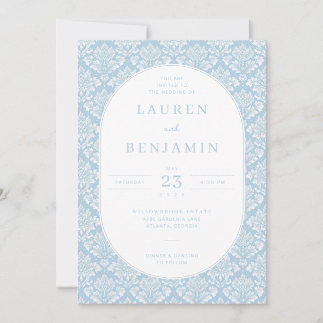 Invitación de boda elegante en damasco azul (Anverso)
