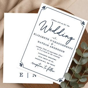 Invitación de boda elegante en guión blanco y azul