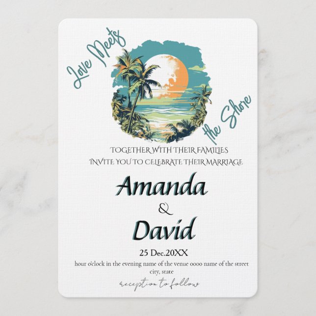 Invitación de boda elegante en la playa junto al m (Anverso)