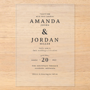 Invitación de boda elegante en letra serif negra