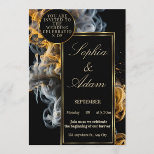 Invitación de boda elegante en negro y dorado