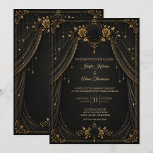 Invitación de boda elegante en negro y dorado