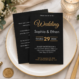 Invitación de boda elegante en negro y dorado