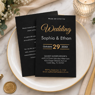 Invitación de boda elegante en negro y dorado