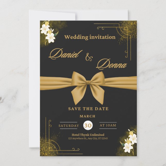 Invitación de boda elegante en negro y dorado | (Anverso)