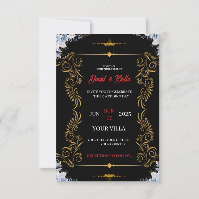 Invitación de Boda Elegante en Negro y Dorado (Anverso)