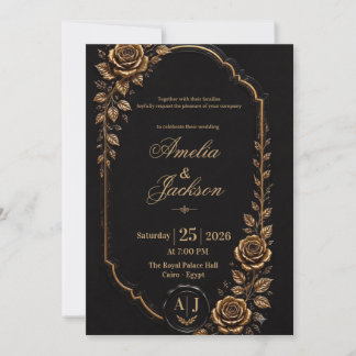 Invitación de boda elegante en negro y dorado
