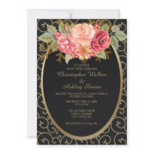 Invitación de boda elegante en negro y dorado con