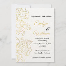 Invitación de boda elegante en oro y floral en bla
