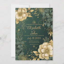 Invitación de boda elegante en oro y verde.