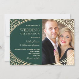 Invitación de boda elegante en oro y verde esmeral