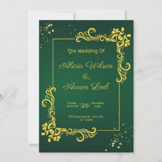 Invitación de boda elegante en verde y dorado