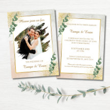 Invitación de boda elegante en verde y dorado con