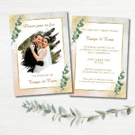 Invitación de boda elegante en verde y dorado con