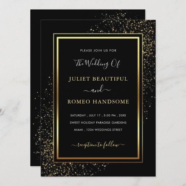Invitación de boda elegante enmarcada en oro negro (Anverso / Reverso)