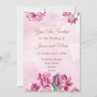 Invitación de boda elegante, flor de acuarela rosa